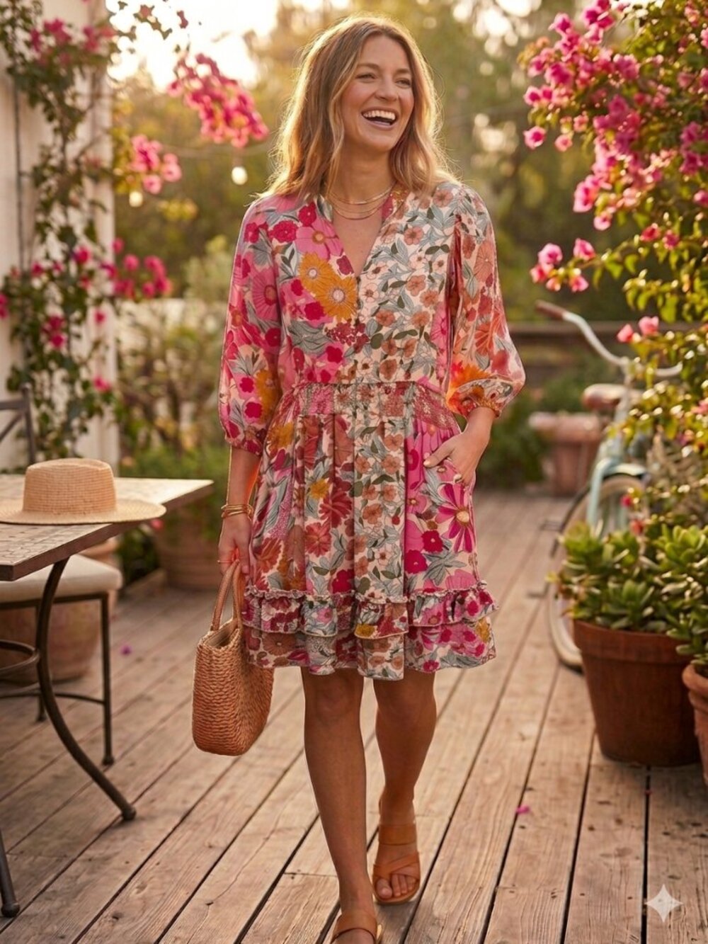 Bohme Floral Pink Dress Women's Medium Summer Garden Party Boho Smocked